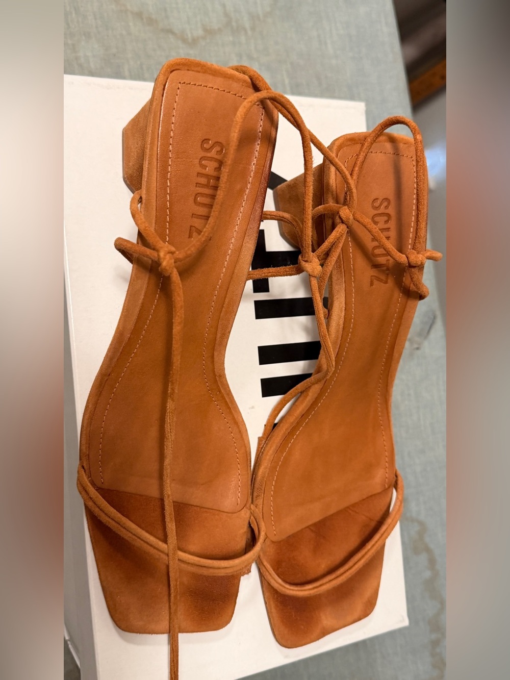 SCHUTZ Tan Suede Lace-Up Block Heel Sandals